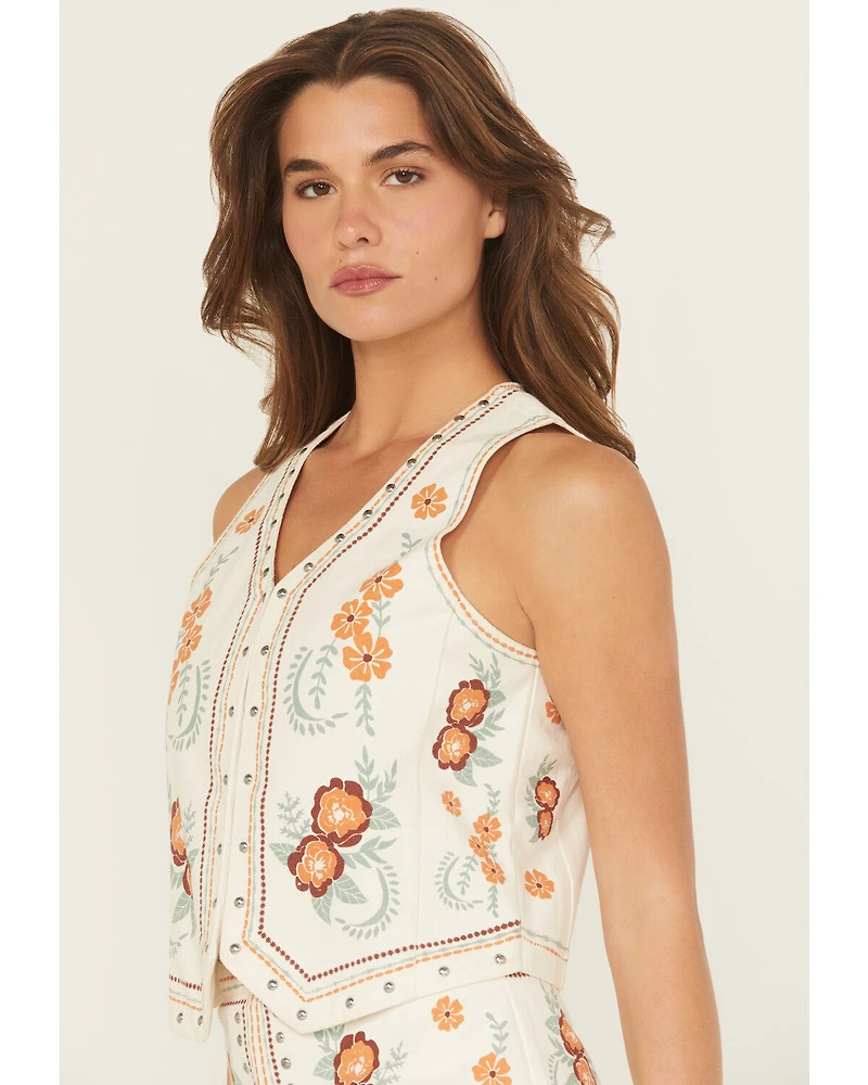 Rock & Roll Denim Women's Floral Print Studded Vest