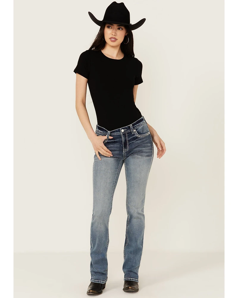 Grace LA Women's Medium Wash Americana Fleur De Lis Mid Rise Bootcut Stretch Denim Jeans