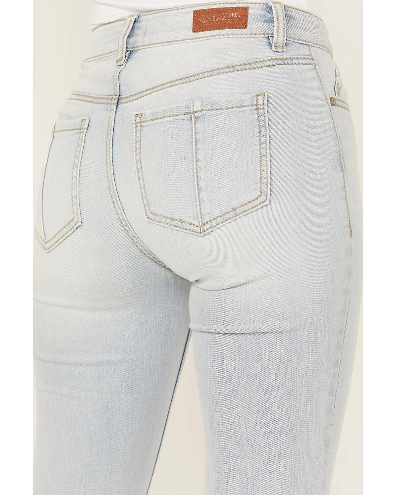 Shyanne Women's Agave Light Wash Mid Rise Destructed Stretch Flare Jeans