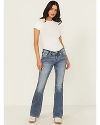 Miss Me Women's Dark Wash Mid Rise Patchwork Flap 32" Bootcut Stretch Denim Jeans