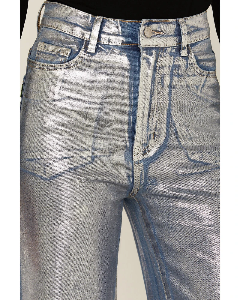 Vibrant Denim Women's Medium Wash Metallic Wide Leg Jeans