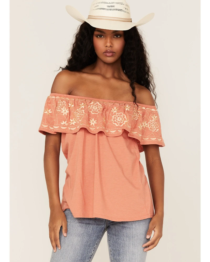 Panhandle Women's Embroidered Flounce Off Shoulder Top