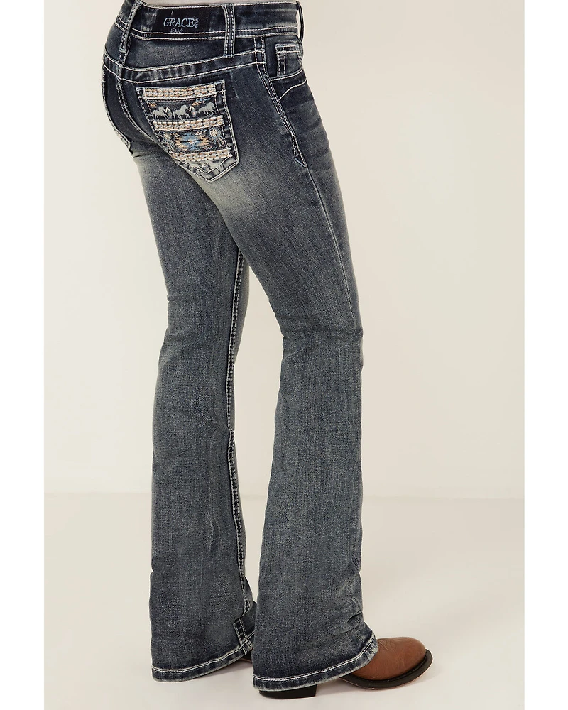 Grace LA Girls' Medium Wash Embroidered Pocket Bootcut Stretch Denim Jeans