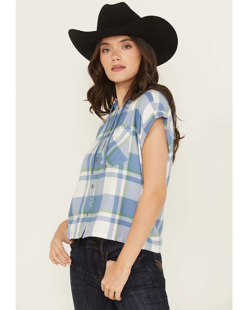 Cleo + Wolf Women's Electra Plaid Print Short Sleeve Button-Down Hooded Shirt