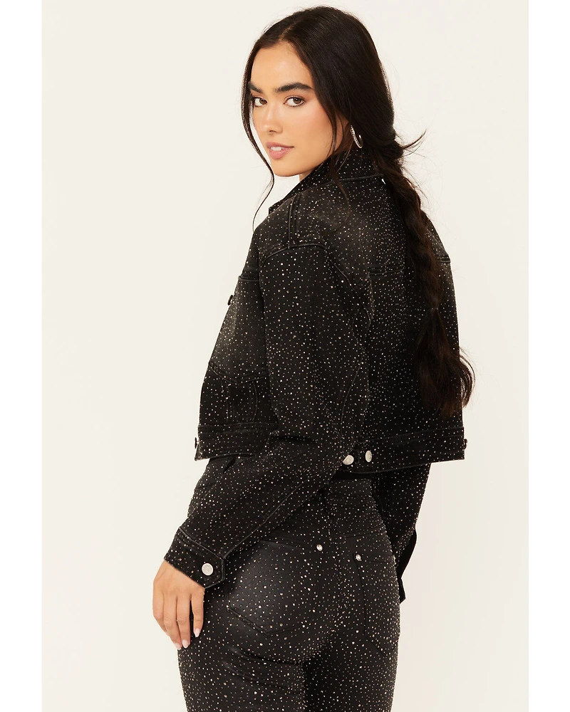 Vibrant Denim Women's Rhinestone Cropped Trucker Jacket