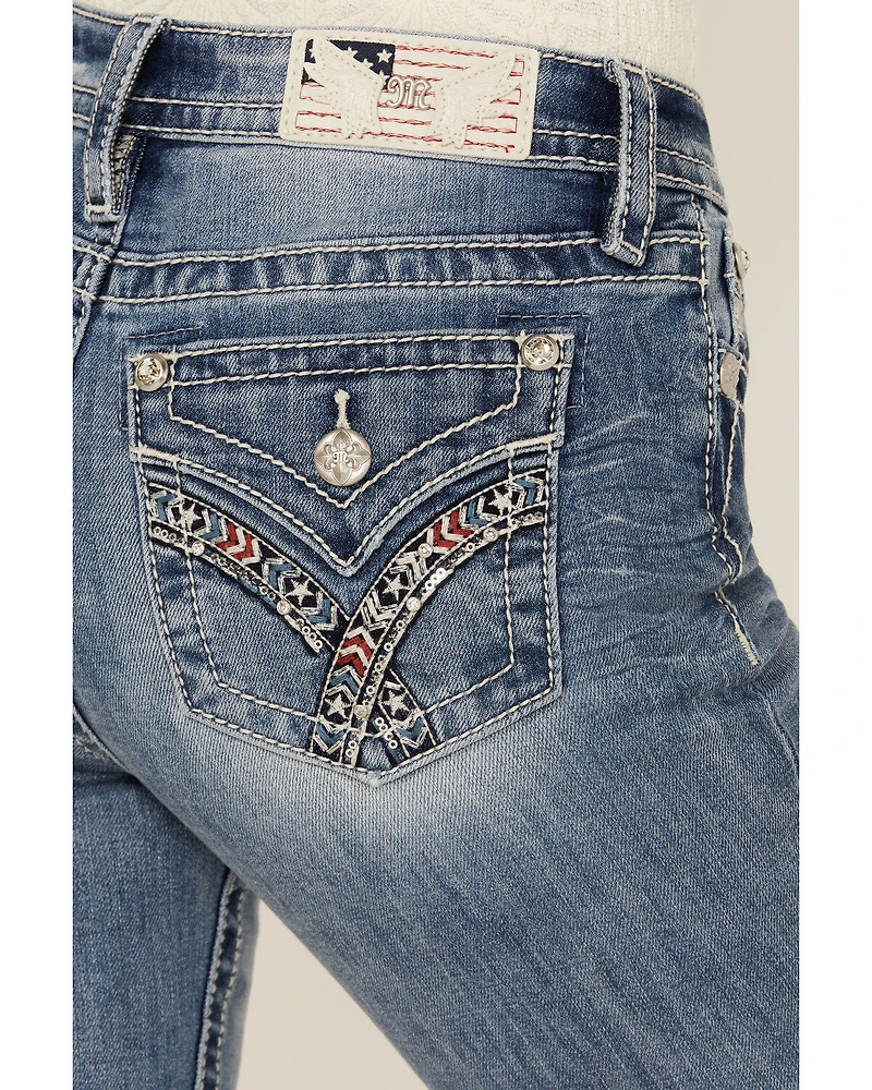 Miss Me Women's Medium Wash Mid Rise Americana Pocket 34" Bootcut Stretch Denim Jeans
