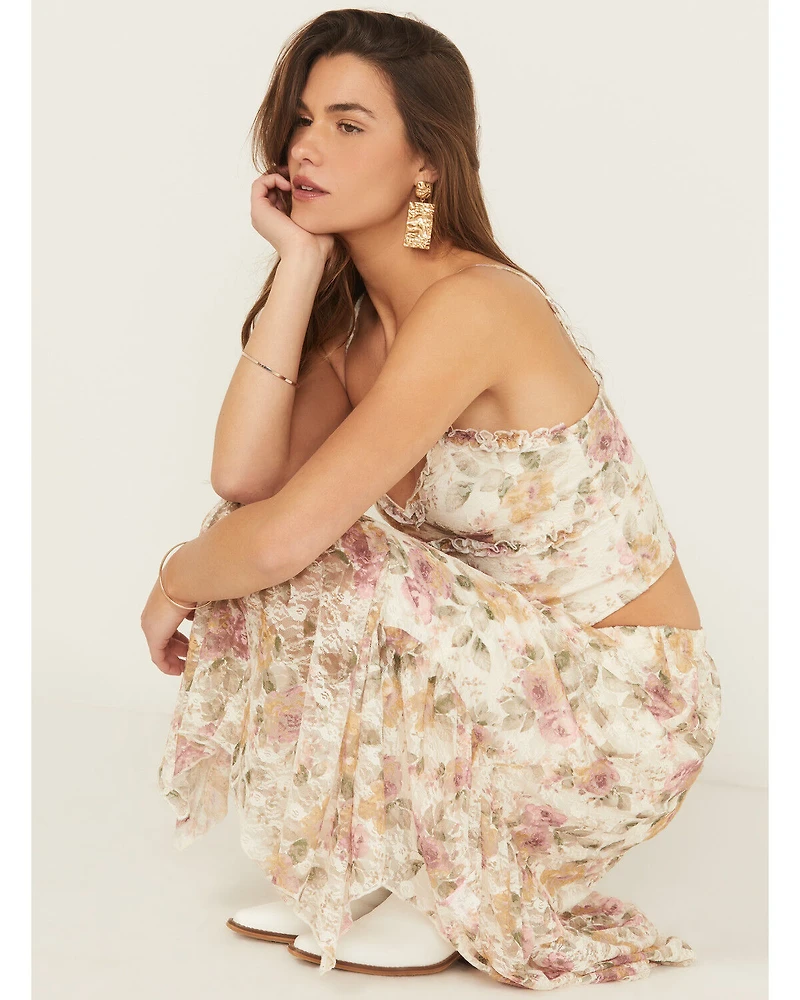 Originality Women's Floral Print Lace Sleeveless Cropped Tank Top