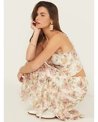 Originality Women's Floral Print Lace Sleeveless Cropped Tank Top