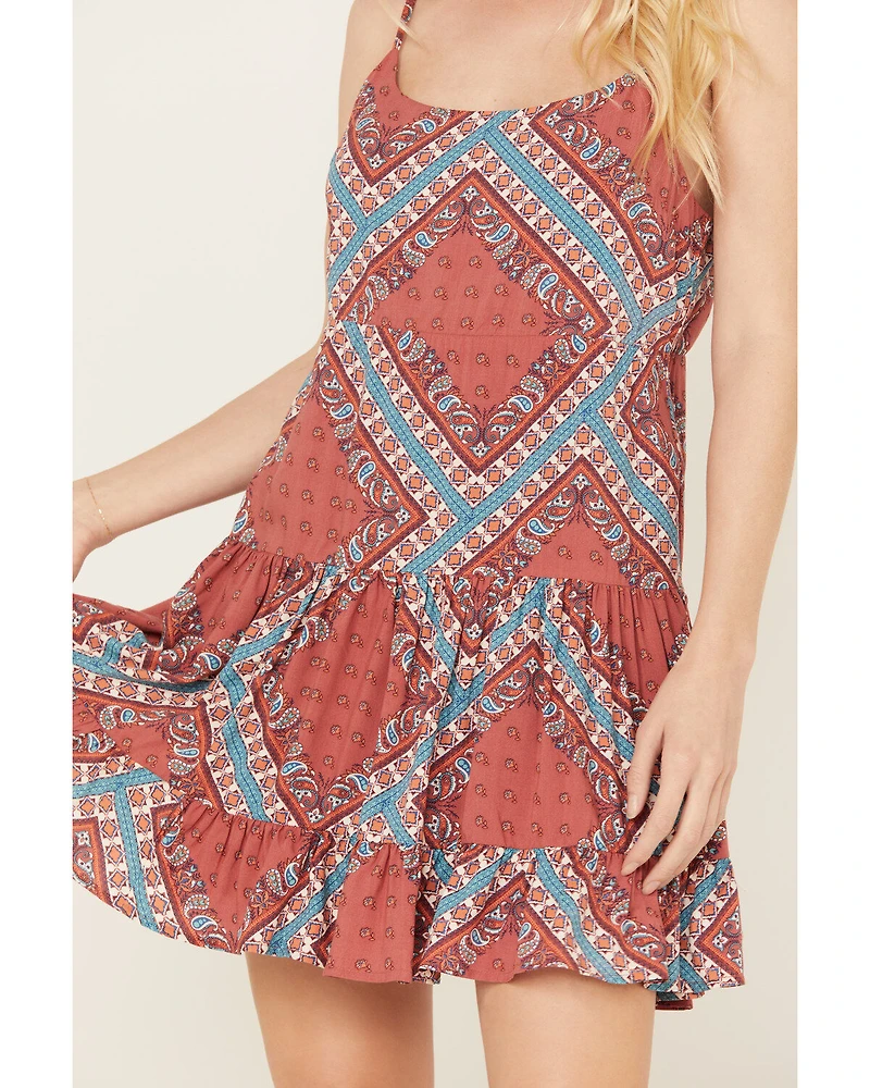 Rock & Roll Denim Women's Bandana Print Tiered Sleeveless Mini Dress