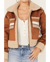 Cleo + Wolf Women's Cameron Southwestern Print Sweater Back Faux Suede Sherpa Lined Zip-Up Jacket
