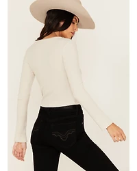 Originality Women's Solid Rib Knit Long Sleeve Cropped Shirt