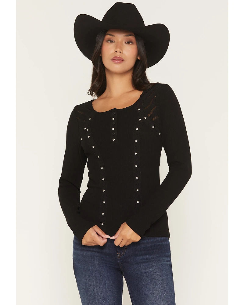 Miss Me Women's Embellished Lace Long Sleeve Shirt