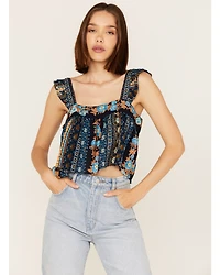 Band of the Free Women's Sleepless Nights Stripe Floral Print Ruffle Sleeveless Top