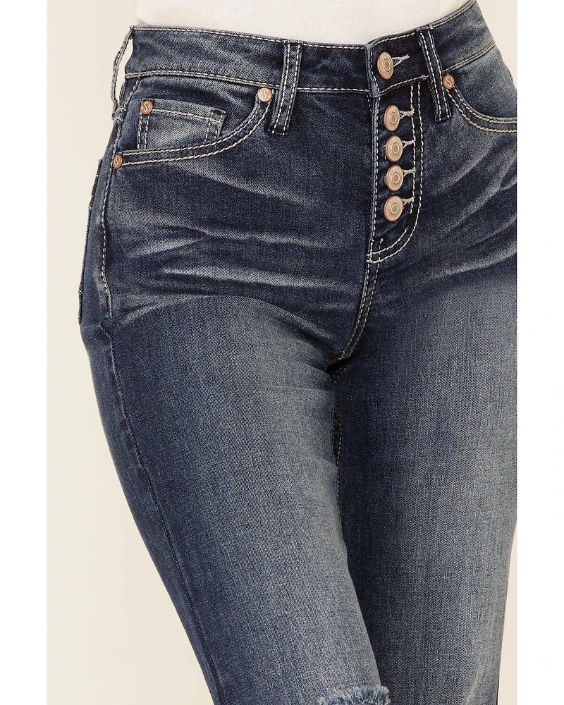 Shyanne Women's Dark High Rise Flare Distressed Knee Stretch Denim Jeans