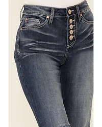 Shyanne Women's Dark High Rise Flare Distressed Knee Stretch Denim Jeans