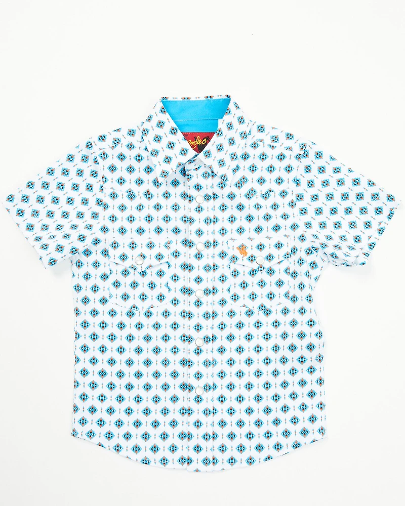 Rodeo Clothing Boys' Little Southwestern Print Short Sleeve Snap Stretch Western Shirt