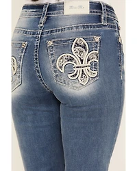 Miss Me Women's Fleur de Lis Medium Wash Mid Rise 32" Bootcut Stretch Denim Jeans