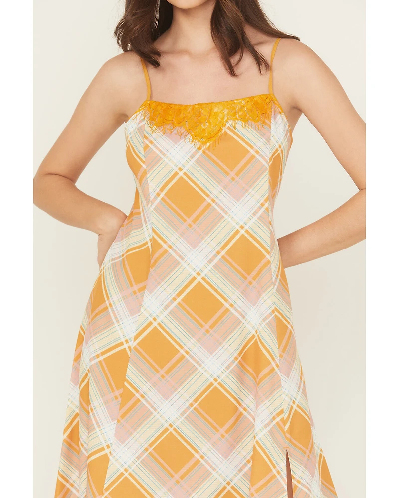 Beyond The Radar Women's Plaid Print Lace Trim Sleeveless Maxi Dress