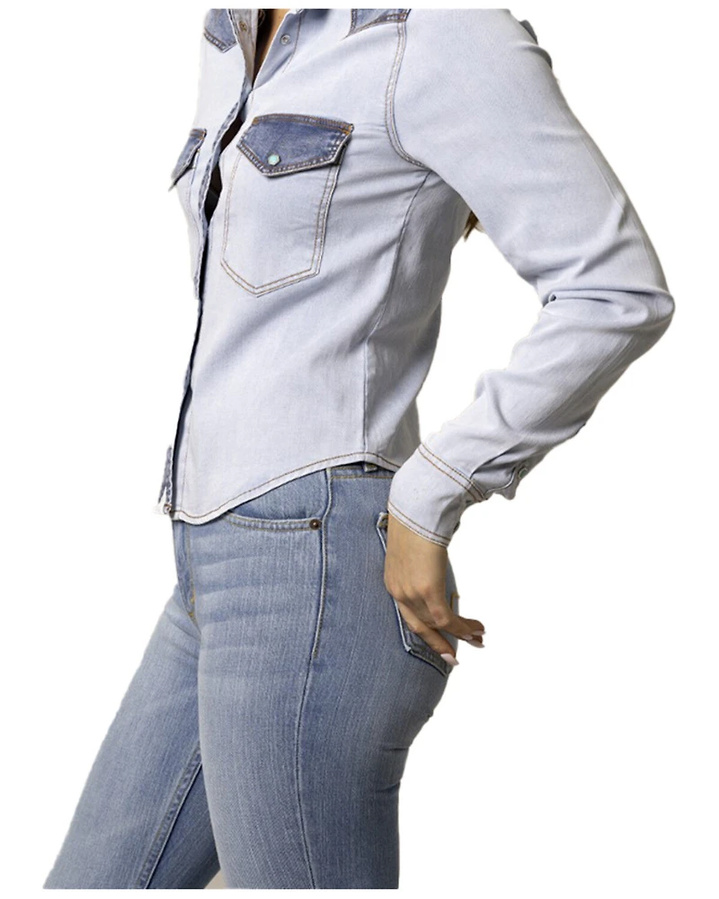 Kimes Ranch Women's Rayna Two-Toned Long Sleeve Cropped Snap Denim Western Shirt