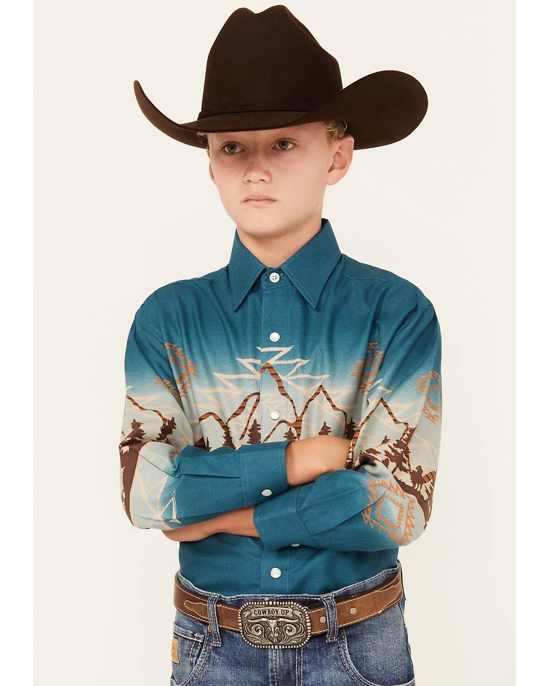 Panhandle Boys' Southwestern Mountain Border Long Sleeve Pearl Snap Western Shirt