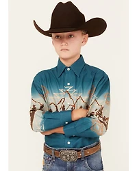 Panhandle Boys' Southwestern Mountain Border Long Sleeve Pearl Snap Western Shirt
