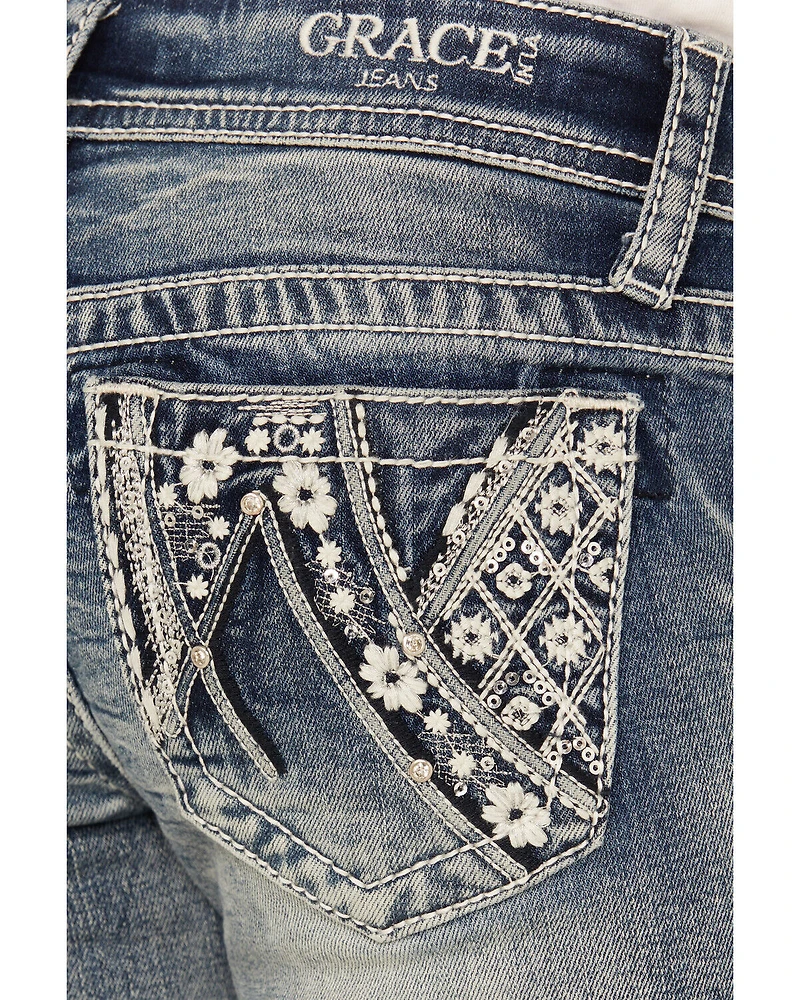 Grace LA Girls' Medium Wash Floral Embroidered Bootcut Stretch Denim Jeans