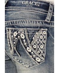 Grace LA Girls' Medium Wash Floral Embroidered Bootcut Stretch Denim Jeans