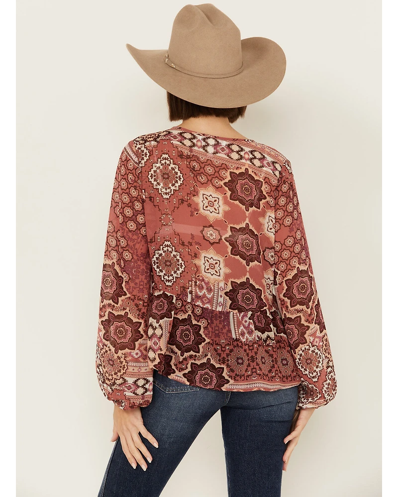 Shyanne Women's Printed Chiffon Long Sleeve Peasant Top