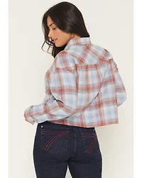 Ely Walker Women's Plaid Print Long Sleeve Button-Down Cropped Flannel Shirt