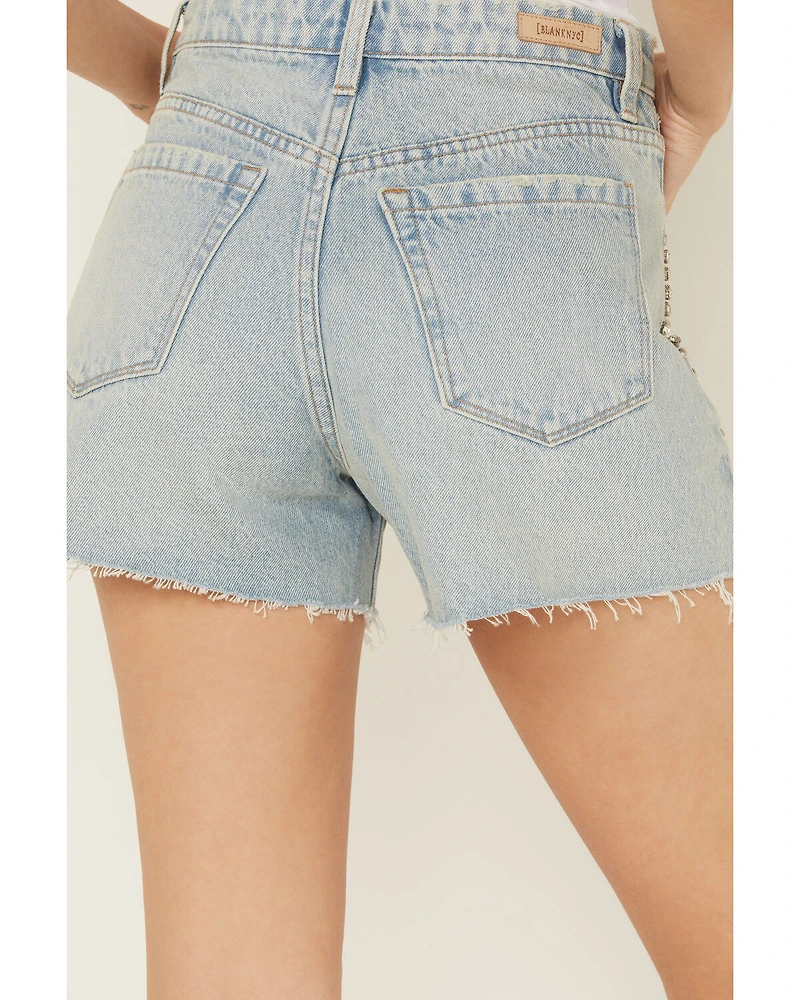 Blank NYC Women's Starstruck Light Wash High Rise Embellished Front Pocket Shorts