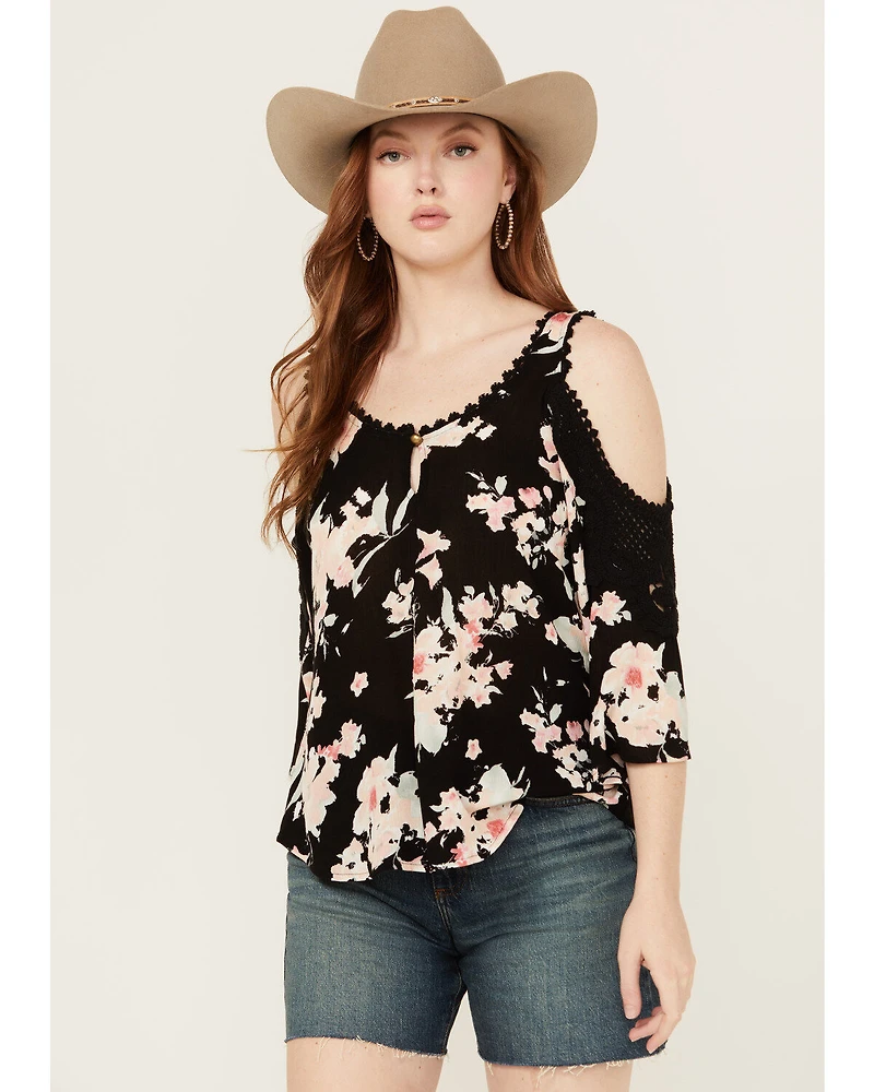 Wild Moss Women's Floral Print Cold Shoulder Top