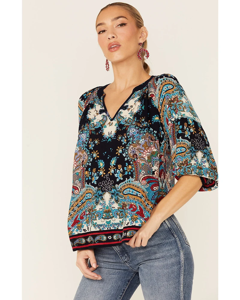 Bila Women's Boho Border Print V-Neckline Top
