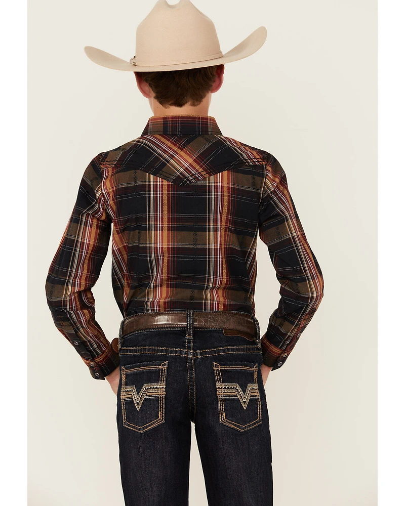 Cody James Boys' Trouble Dobby Plaid Print Long Sleeve Snap Western Shirt