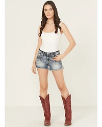 Miss Me Women's Medium Wash Mid Rise Star Flap Stretch Denim Shorts