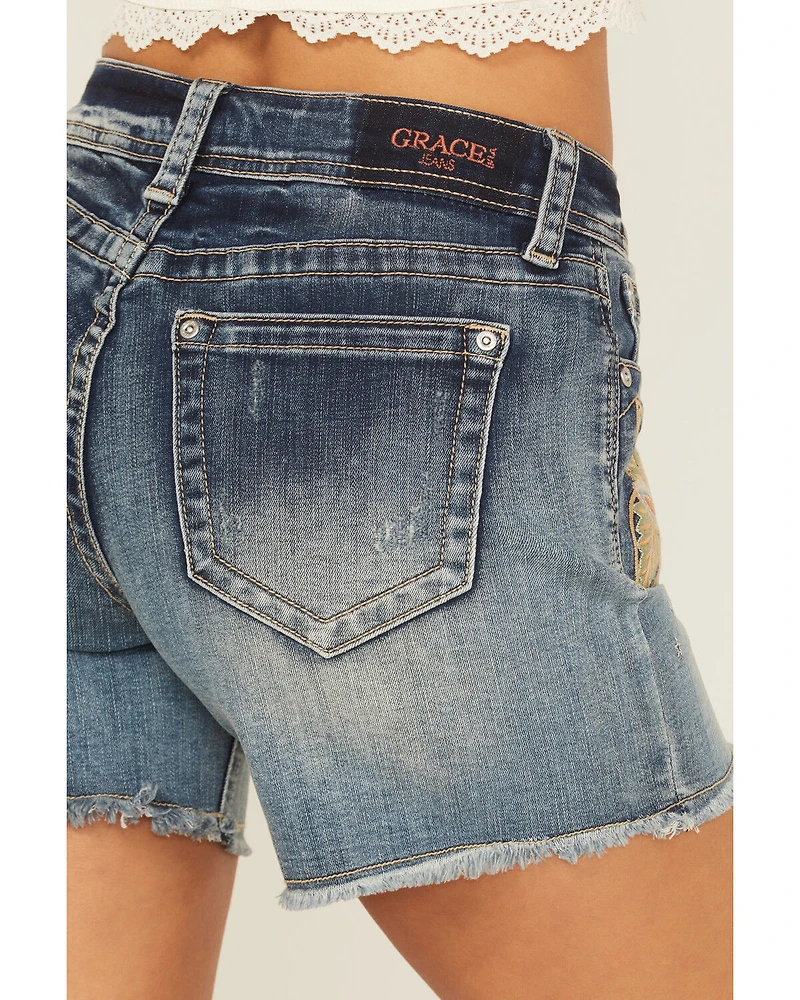 Grace LA Women's Light Wash Mid Rise Floral Embroidered Cutoff Stretch Denim Short's