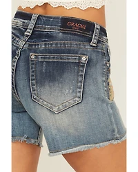 Grace LA Women's Light Wash Mid Rise Floral Embroidered Cutoff Stretch Denim Short's