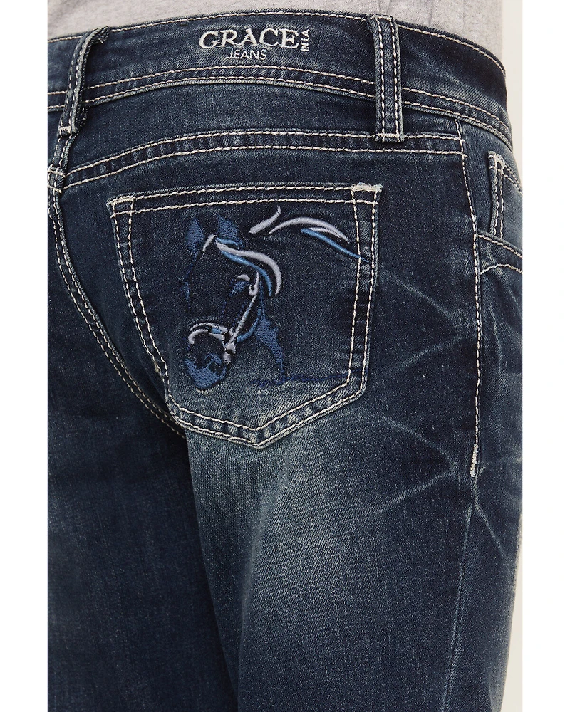 Grace LA Girls' Medium Wash Horse Outline Bootcut Jeans