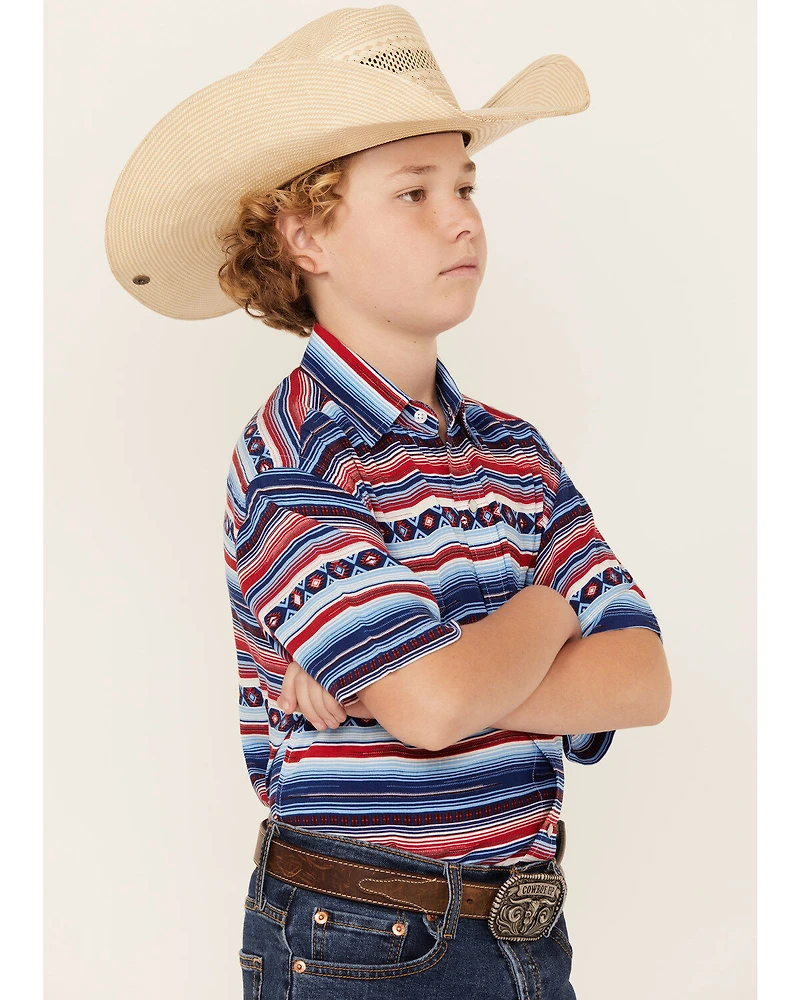 Panhandle Boys' Southwestern Striped Print Short Sleeve Snap Western Shirt