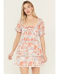 Ash & Violet Women's Floral Print Short Sleeve Lace Trim Mini Dress