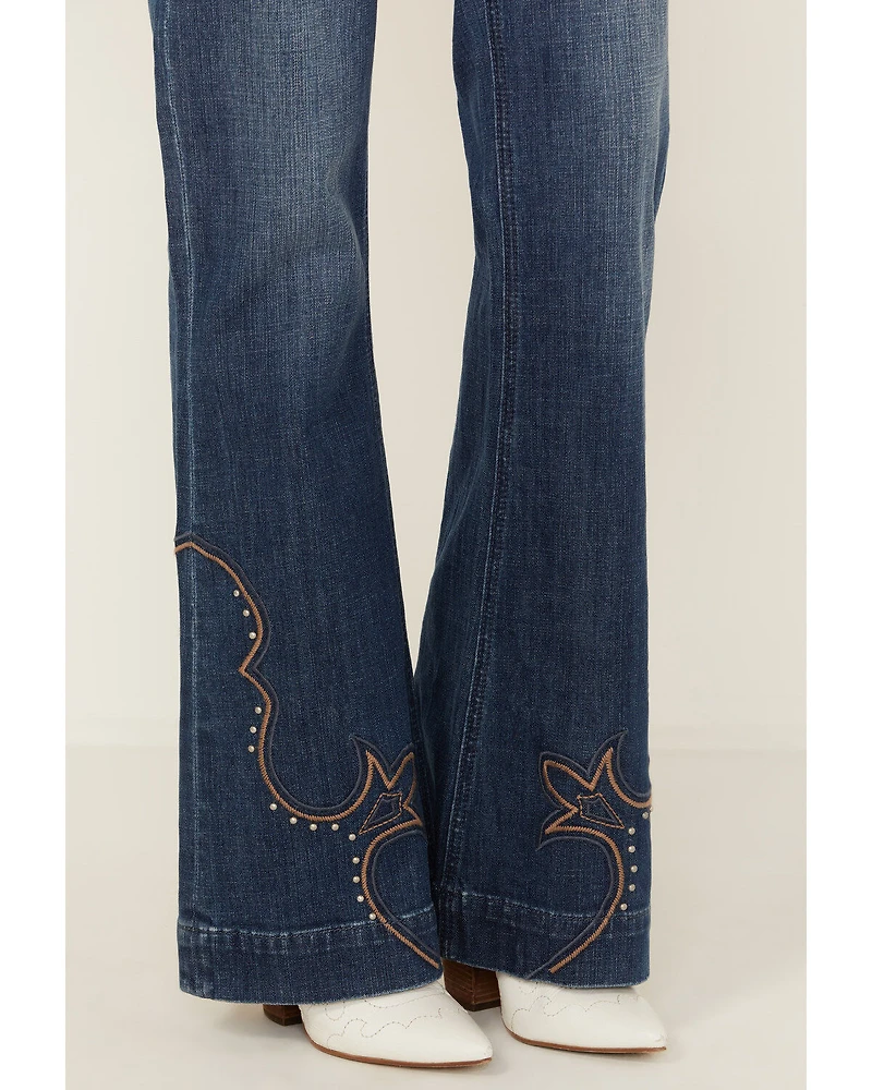Rock & Roll Denim Women's Dark Wash Mid Rise Hem Stitched Trouser Stretch Jeans