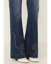 Rock & Roll Denim Women's Dark Wash Mid Rise Hem Stitched Trouser Stretch Jeans