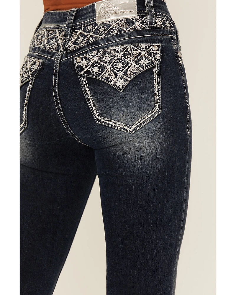 Grace LA Women's Dark Wash Floral Paisley Embroidered Mid Rise Bootcut Stretch Denim Jeans
