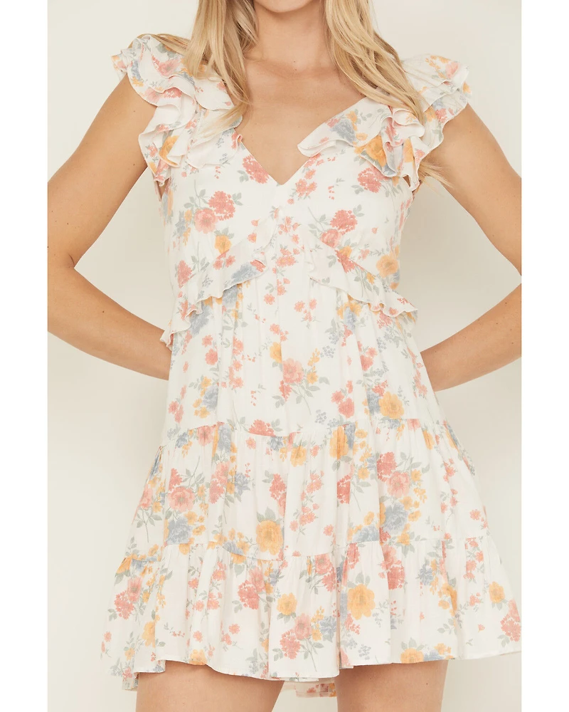 Ash & Violet Women's Floral Print Ruffle Trim Mini Dress