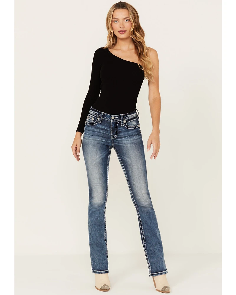 Miss Me Women's Dark Wash Mid Rise Fleur de Lis 34" Bootcut Stretch Denim Jeans