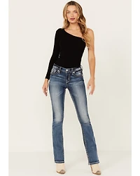 Miss Me Women's Dark Wash Mid Rise Fleur de Lis 34" Bootcut Stretch Denim Jeans