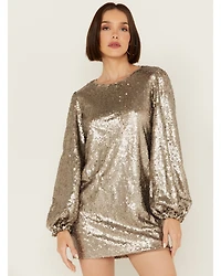 Rock & Roll Denim Women's Sequin Puff Long Sleeve Mini Dress