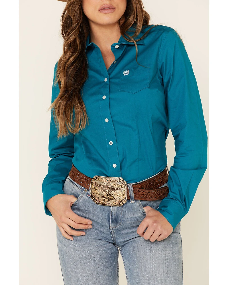 Cinch Women's Teal Solid Button Front Long Sleeve Western Shirt