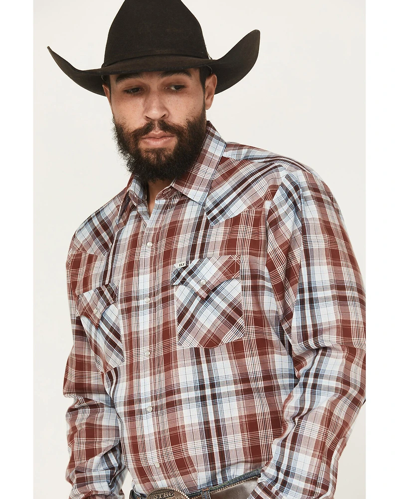 Ely Walker Men's Plaid Print Long Sleeve Pearl Snap Western Shirt