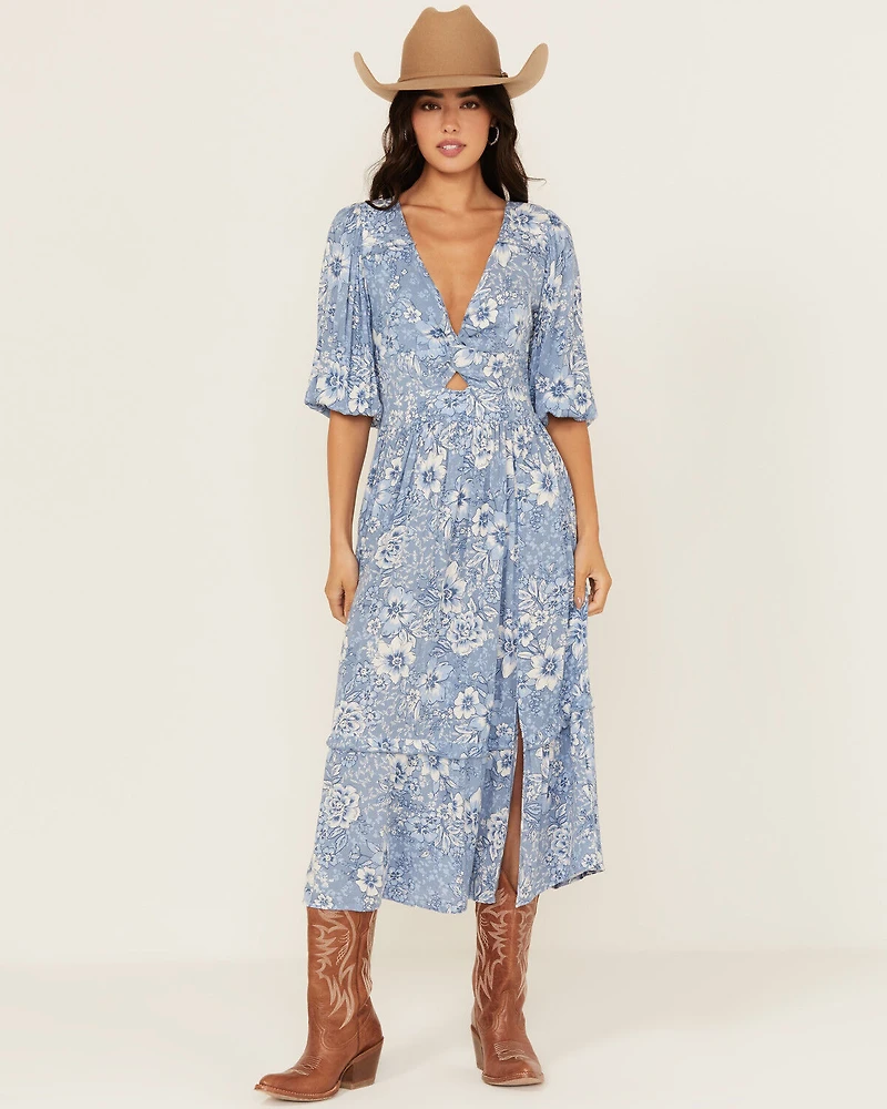 Wild Moss Women's Floral Print Front Twist Midi Dress