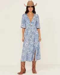 Wild Moss Women's Floral Print Front Twist Midi Dress